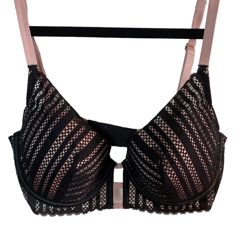 Victoria's Secret Black Pink Lace Lightly Lined Plunge Bra Size 32DD / E70